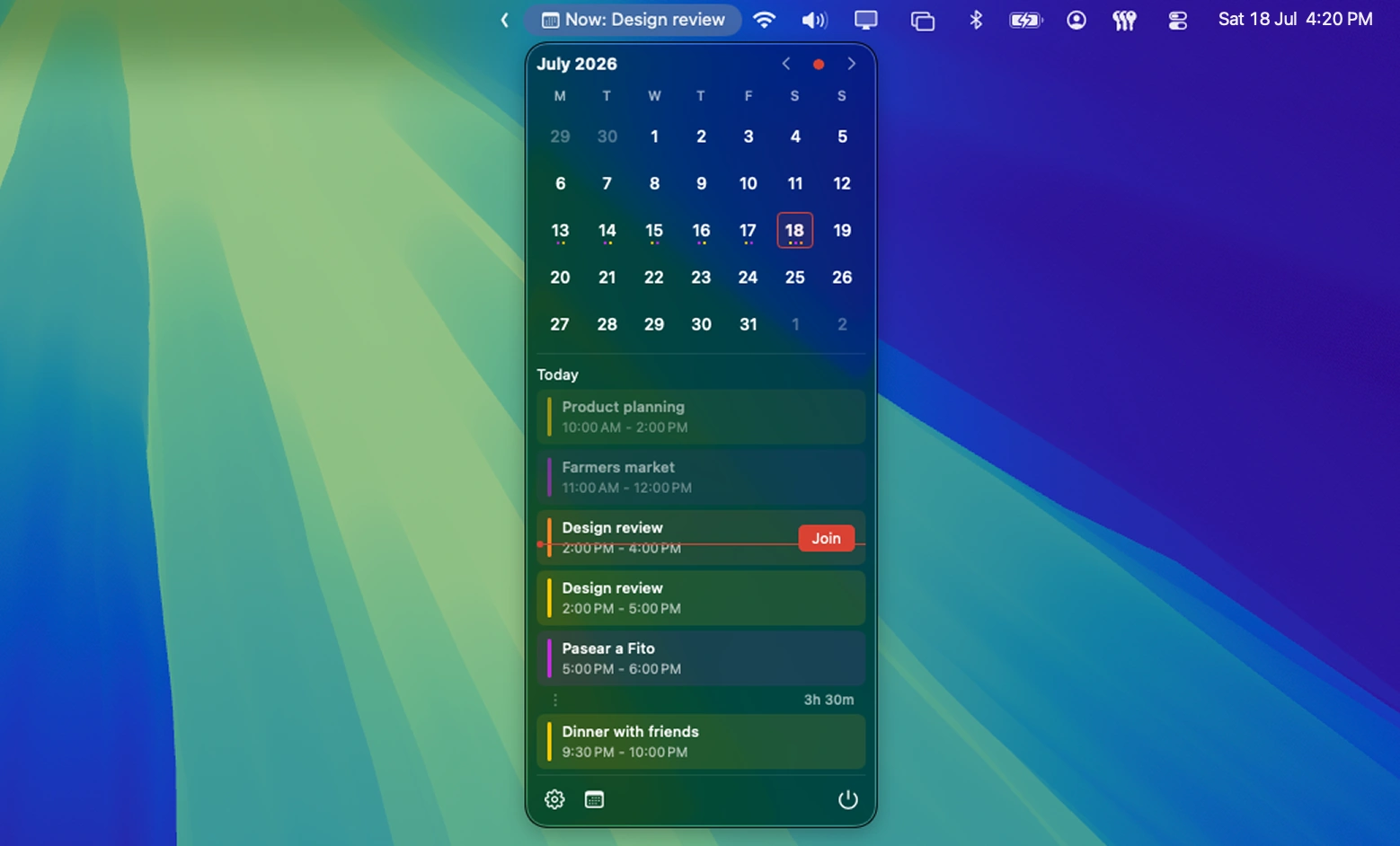 Mou Sugu in the macOS menu bar: a live meeting countdown and the open popover showing today's schedule with a one-click Join button
